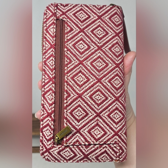 Fossil Jori Zip Clutch Wristlet RFID Wallet Leather Fabric Red White Brown NWOT - Picture 4 of 16